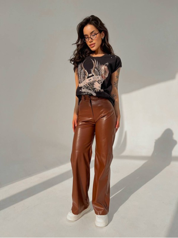 Жіночі штани з еко-шкіри коричневого кольору 31713