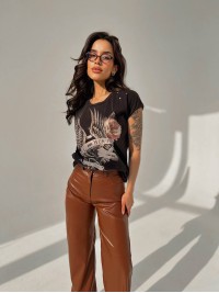 Жіночі штани з еко-шкіри коричневого кольору 31713