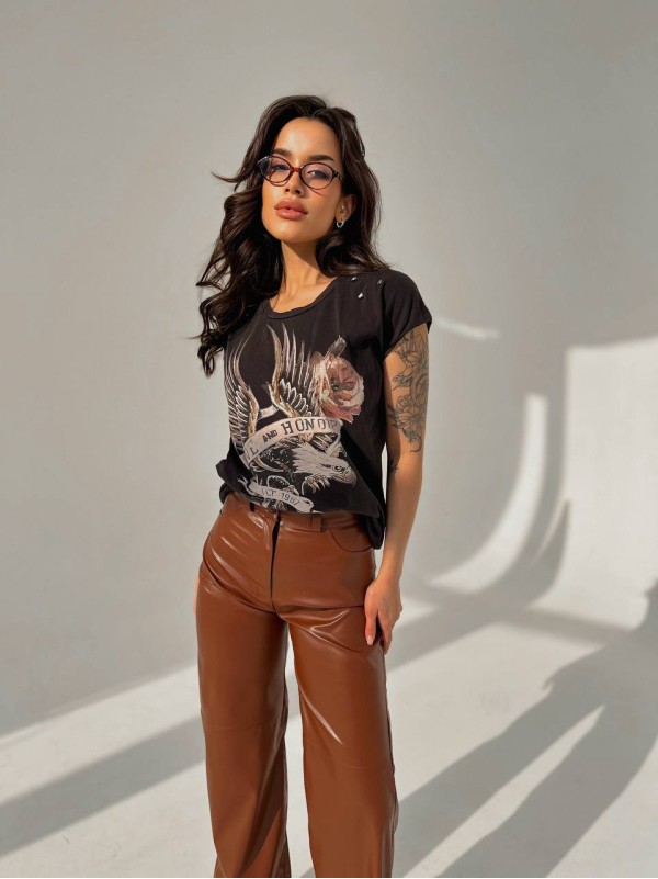 Жіночі штани з еко-шкіри коричневого кольору 31713