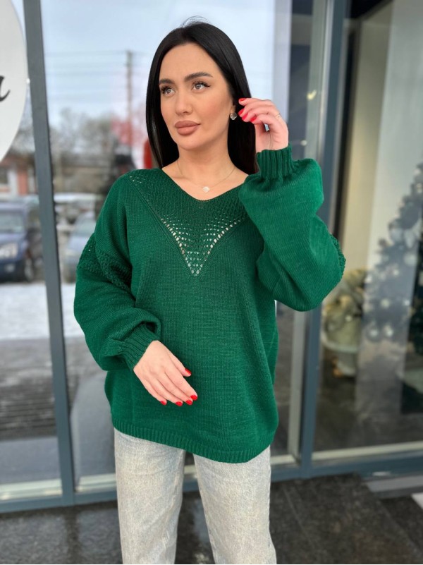 Легкий жіночий светр із вирізом зеленого кольору 31728
