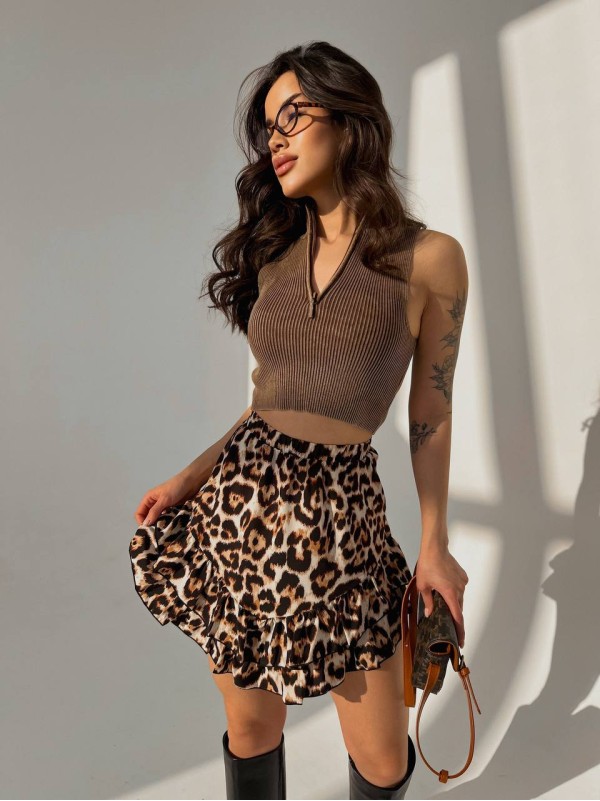 Жіноча легка спідниця міні леопард коричневого кольору 31762