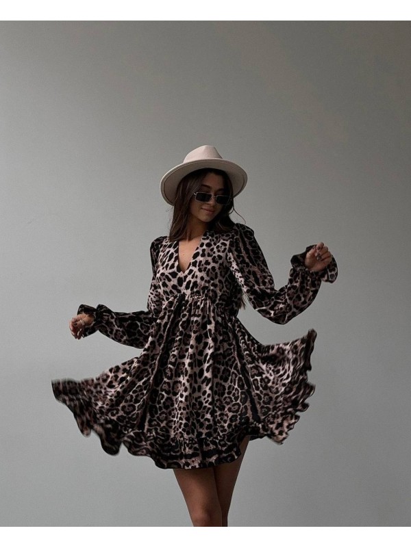 Легка міні сукня з рукавом леопард коричневого кольору 31841