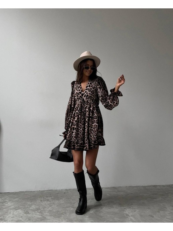 Легка міні сукня з рукавом леопард коричневого кольору 31841