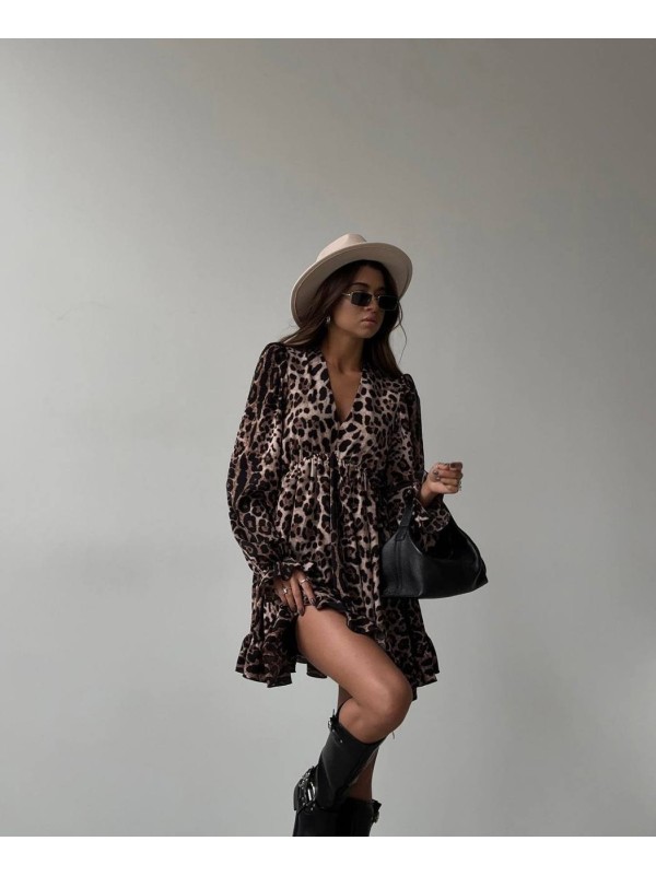 Легка міні сукня з рукавом леопард коричневого кольору 31841
