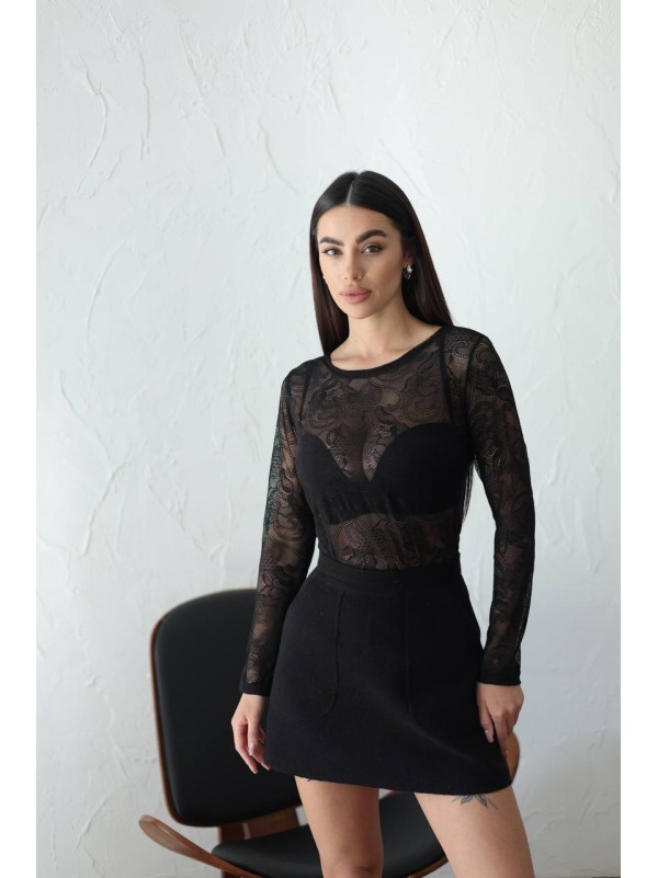 Жіночий лонгслів з мережива чорного кольору 31845