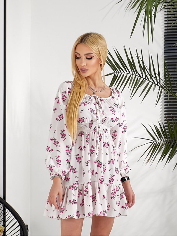 Легка сукня міні з рукавом у квітку молочного кольору 31859