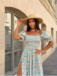 Повітряна сукня міді в квітку з відкритими плечима оливкового кольору 31910