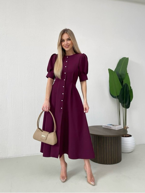 Класична сукня міді на ґудзиках бордового кольору 31913