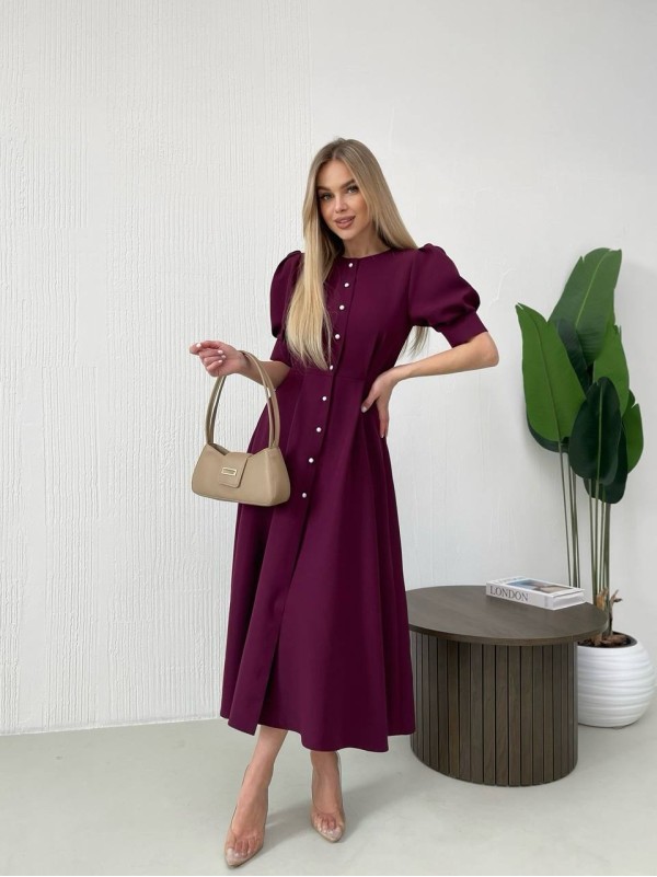 Класична сукня міді на ґудзиках бордового кольору 31913
