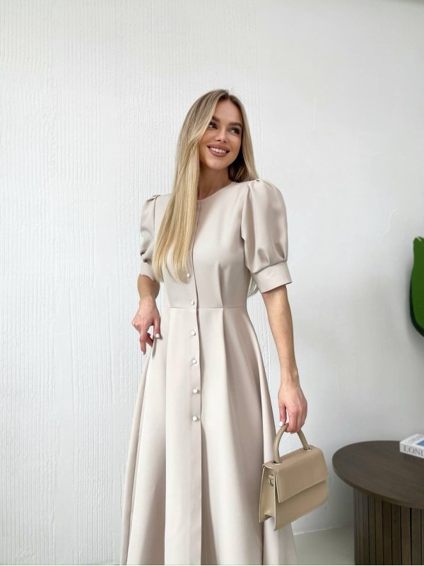 Класична сукня міді на ґудзиках бежевого кольору 31914