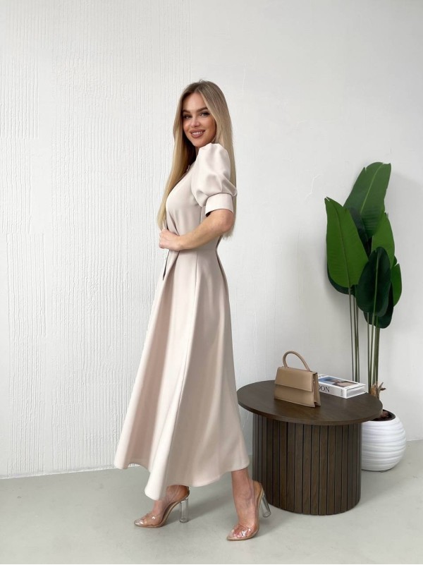 Класична сукня міді на ґудзиках бежевого кольору 31914