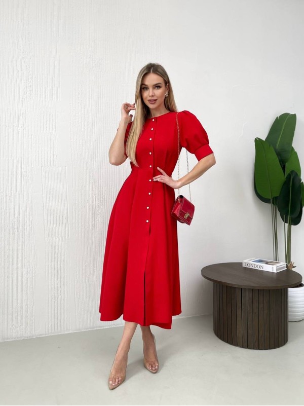 Класична сукня міді на ґудзиках червоного кольору 31916