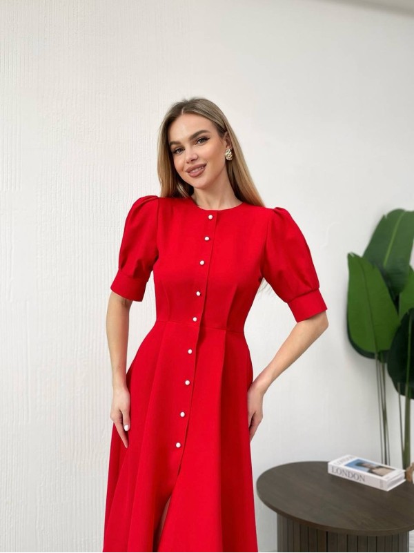 Класична сукня міді на ґудзиках червоного кольору 31916