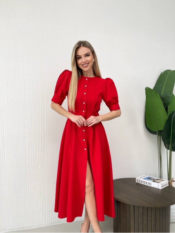 Класична сукня міді на ґудзиках червоного кольору 31916