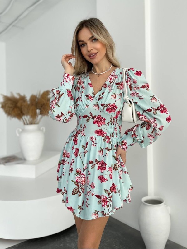 Легка сукня-комбінезон міні зебра в квiтку м'ятного кольору 31977