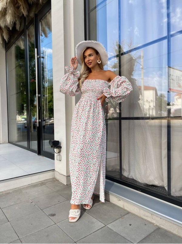 Довга муслінова сукня в квітку молочного кольору 31978