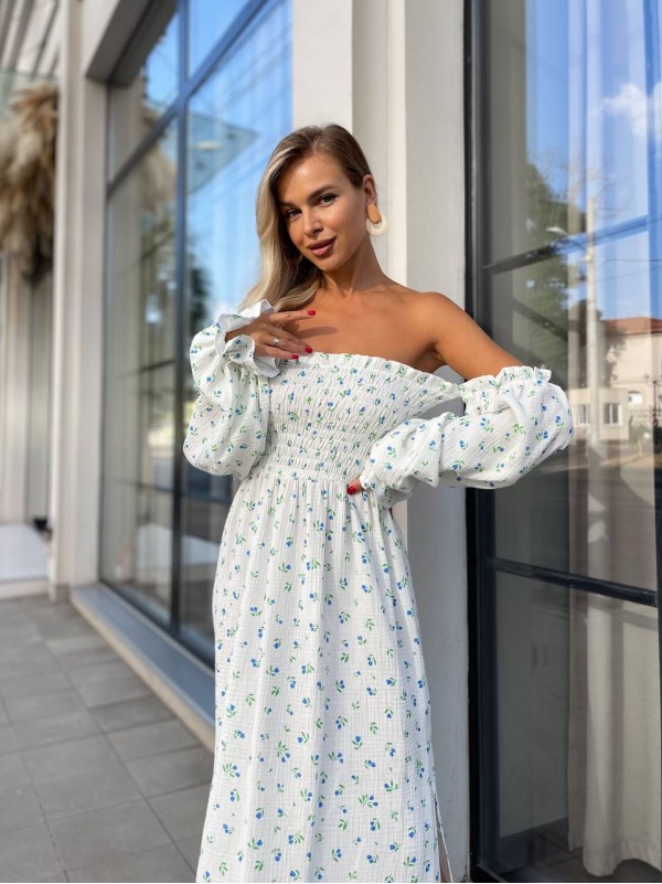 Довга муслінова сукня в квітку блакитного кольору 31979