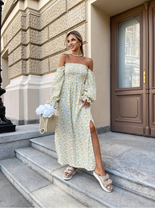 Довга муслінова сукня в квітку жовтого кольору 31980