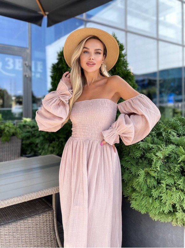 Довга муслінова сукня пудрового кольору 31986