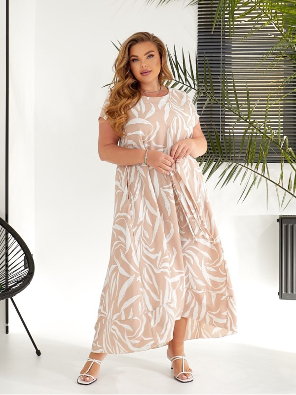 Легка сукня максі вільного крою з поясом бежевого кольору 32045