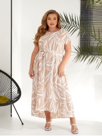 Легка сукня максі вільного крою з поясом бежевого кольору 32045