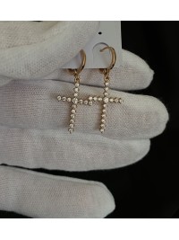 Сережки хрестики з камінцями круглий замок золотого кольору 32119