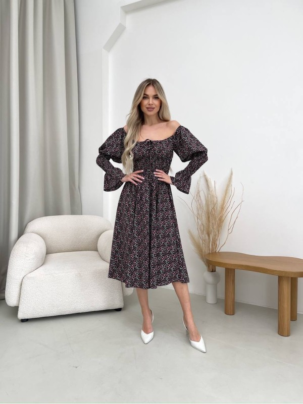 Легка сукня міді у дрiбну квітку чорного кольору 32144