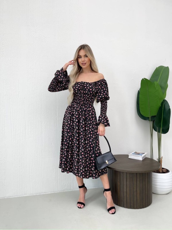 Легка сукня міді у квiтку чорного кольору 32148