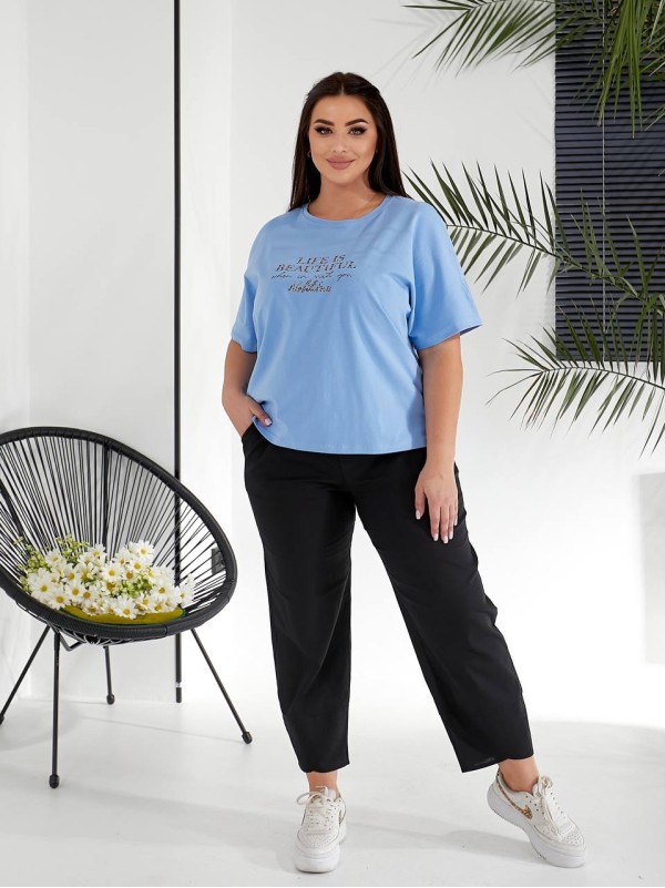 Жіночий костюм брюки+футболка блакитного кольору 32223