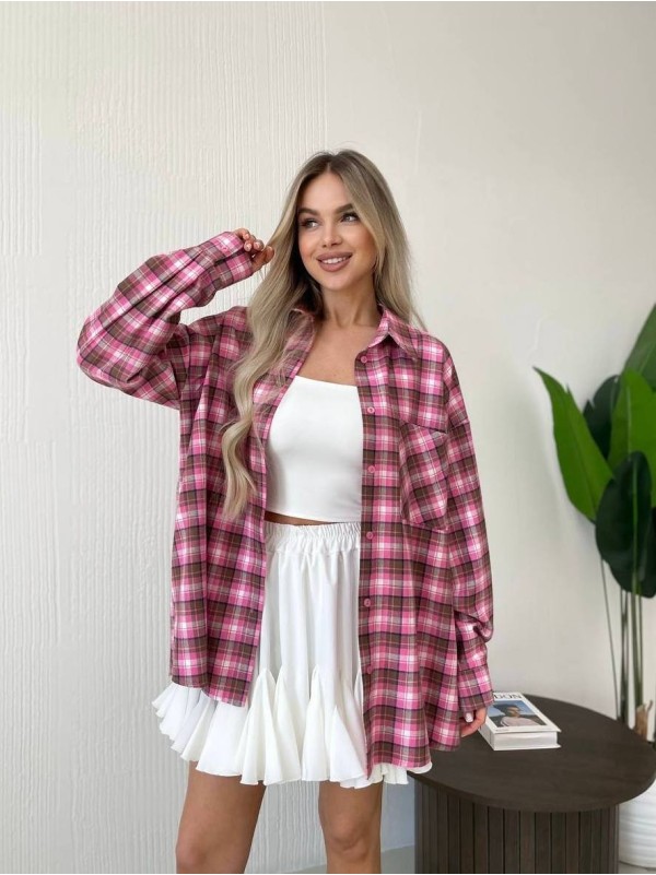 Жіноча фланелева сорочка в клітинку пудрового кольору 32246