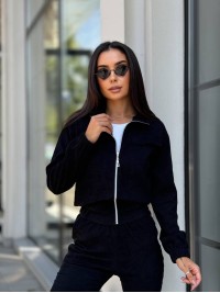 Прогулянковий костюм з мікро-вельвету на блискавцi чорного кольору 32334