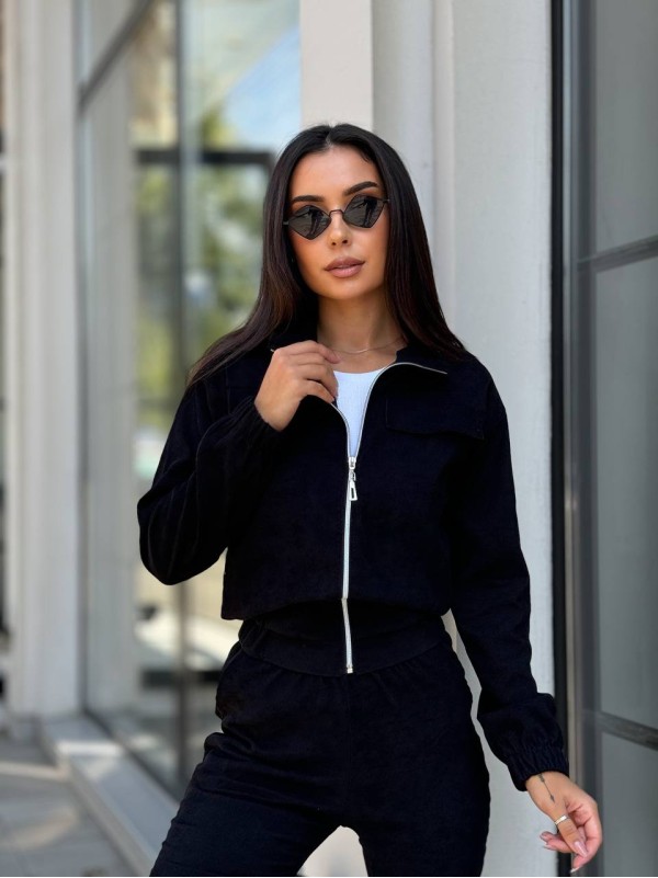 Прогулянковий костюм з мікро-вельвету на блискавцi чорного кольору 32334