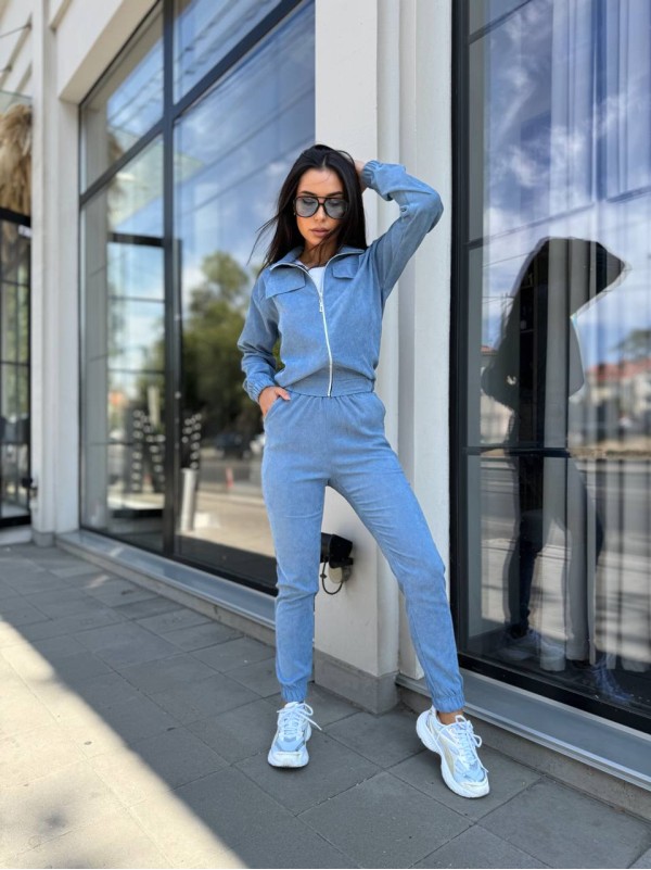 Прогулянковий костюм з мікро-вельвету на блискавцi блакитного кольору 32335