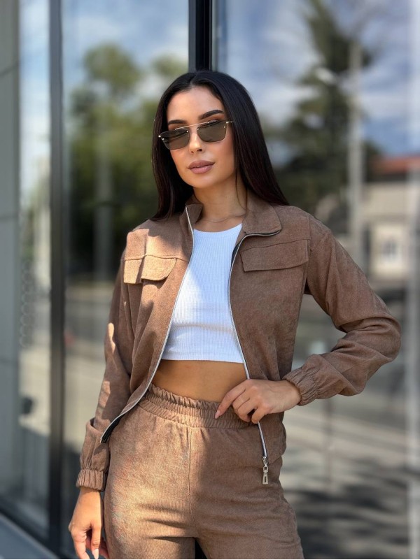 Прогулянковий костюм з мікро-вельвету на блискавцi кавового кольору 32336