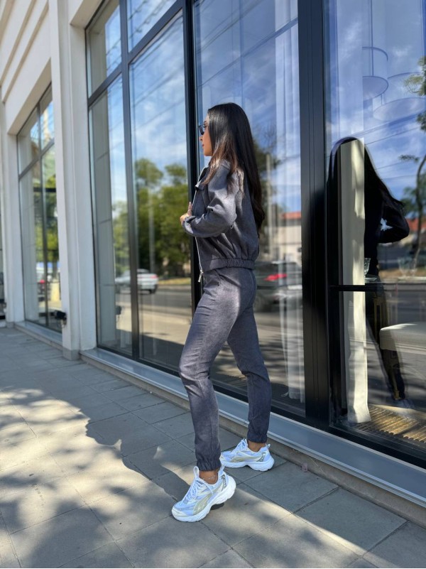 Прогулянковий костюм з мікро-вельвету на блискавцi графiтового кольору 32337