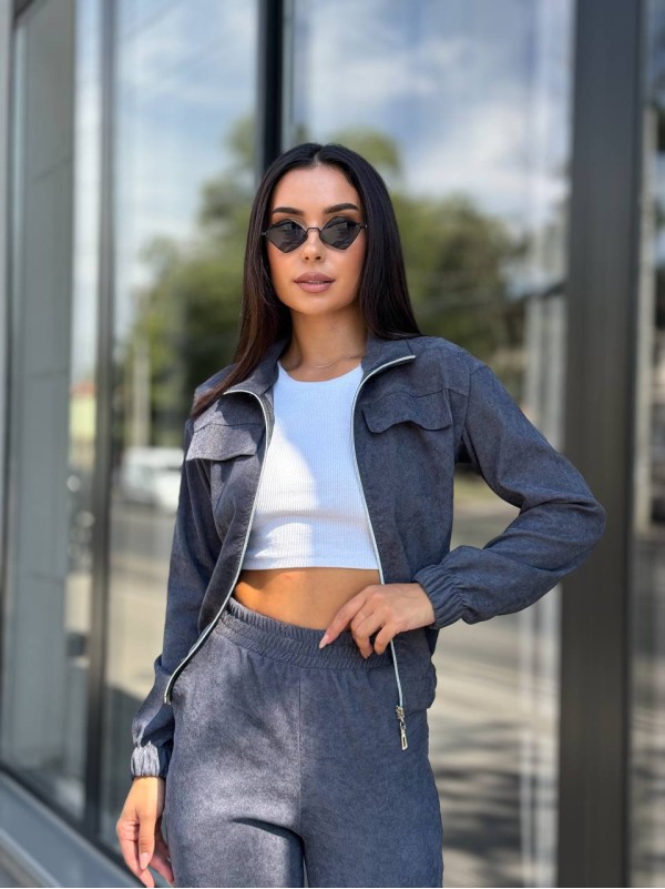 Прогулянковий костюм з мікро-вельвету на блискавцi графiтового кольору 32337