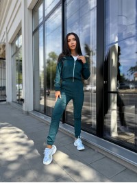 Прогулянковий костюм з мікро-вельвету на блискавцi смарагдового кольору 32338