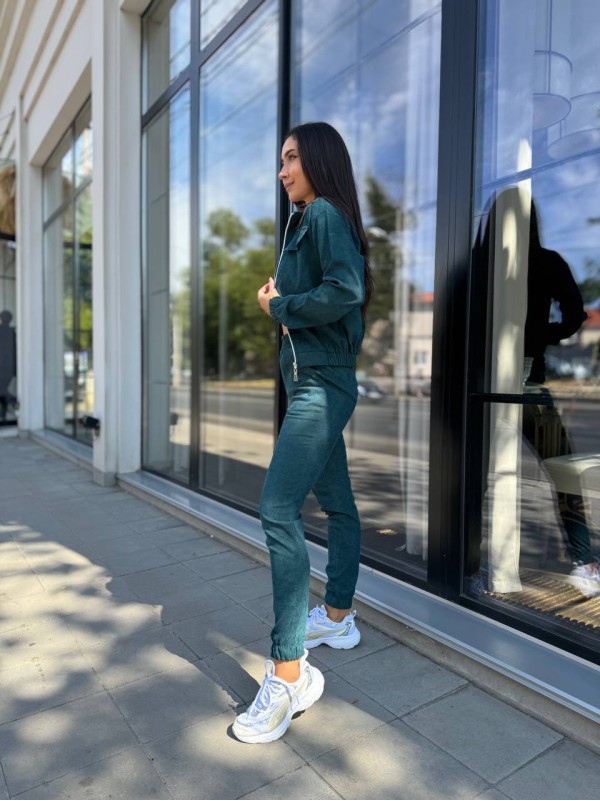 Прогулянковий костюм з мікро-вельвету на блискавцi смарагдового кольору 32338