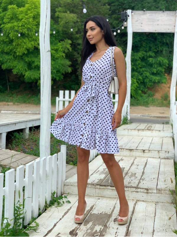 Легка сукня міні в горох молочного кольору 32401