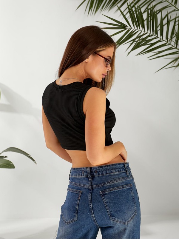 Базовий жіночий топ у рубчик з вишивкою чорного кольору 32405