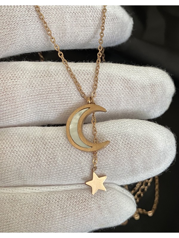 Кулон Місяць та зірка з ланцюжком золотого кольору 32422