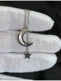 Кулон Місяць та зірка з ланцюжком срібного кольору 32423