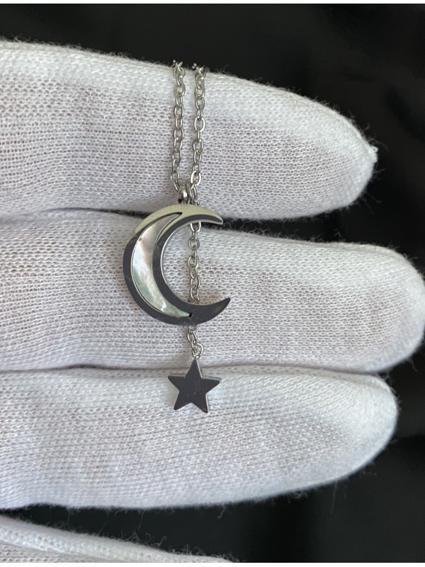 Кулон Місяць та зірка з ланцюжком срібного кольору 32423