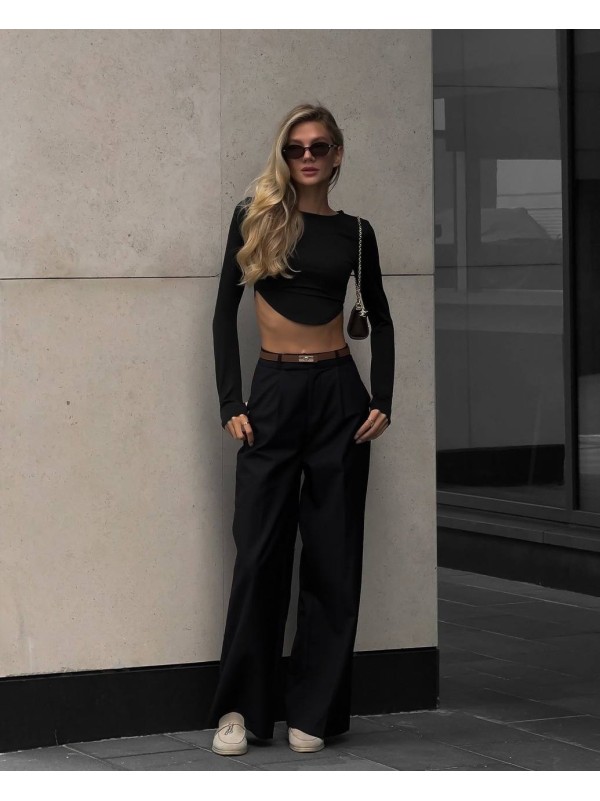 Еластичний жіночий топ із рукавом чорного кольору 32501