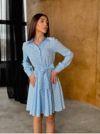 Сукня-сорочка кльош із поясом у квітку блакитного кольору 32506