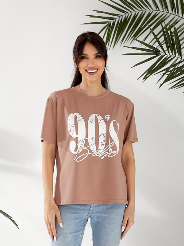 Базова жіноча футболка з написом кавового кольору 32527