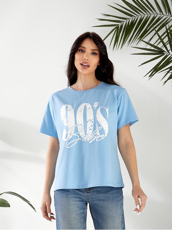Базова жіноча футболка з написом блакитного кольору 32529