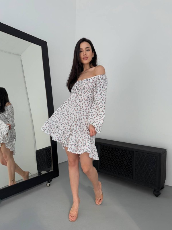 Легка сукня міні на зав'язках у квітку молочного кольору 32538