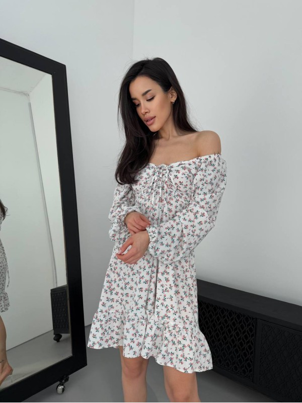 Легка сукня міні на зав'язках у квітку молочного кольору 32538