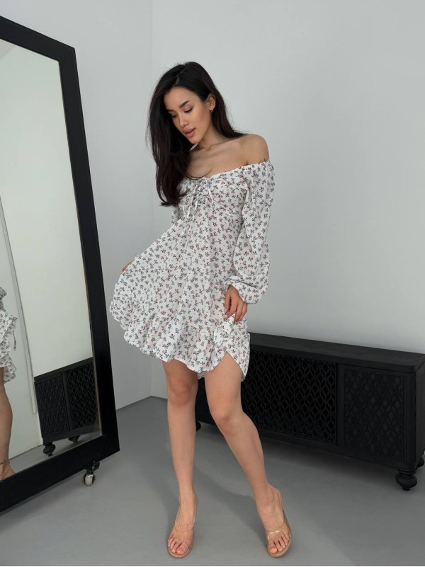 Легка сукня міні на зав'язках у квітку молочного кольору 32538